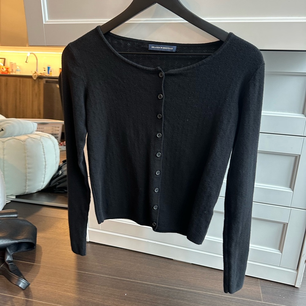 Pointelle Black Button-Up Cardigan